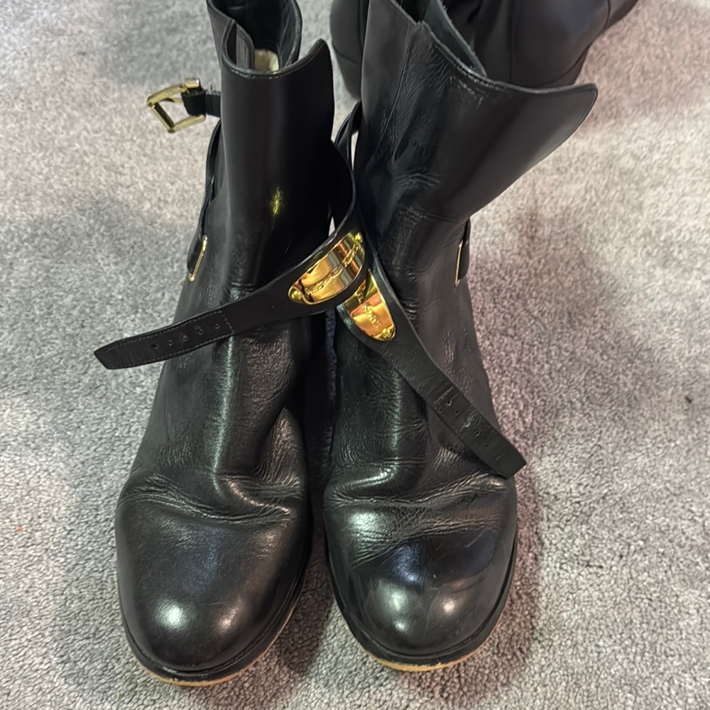 Black Leather Ankle Boots with Gold Buckle